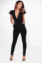 Boohoo Joanna Ruffle Sleeve Plunge Front Jumpsuit