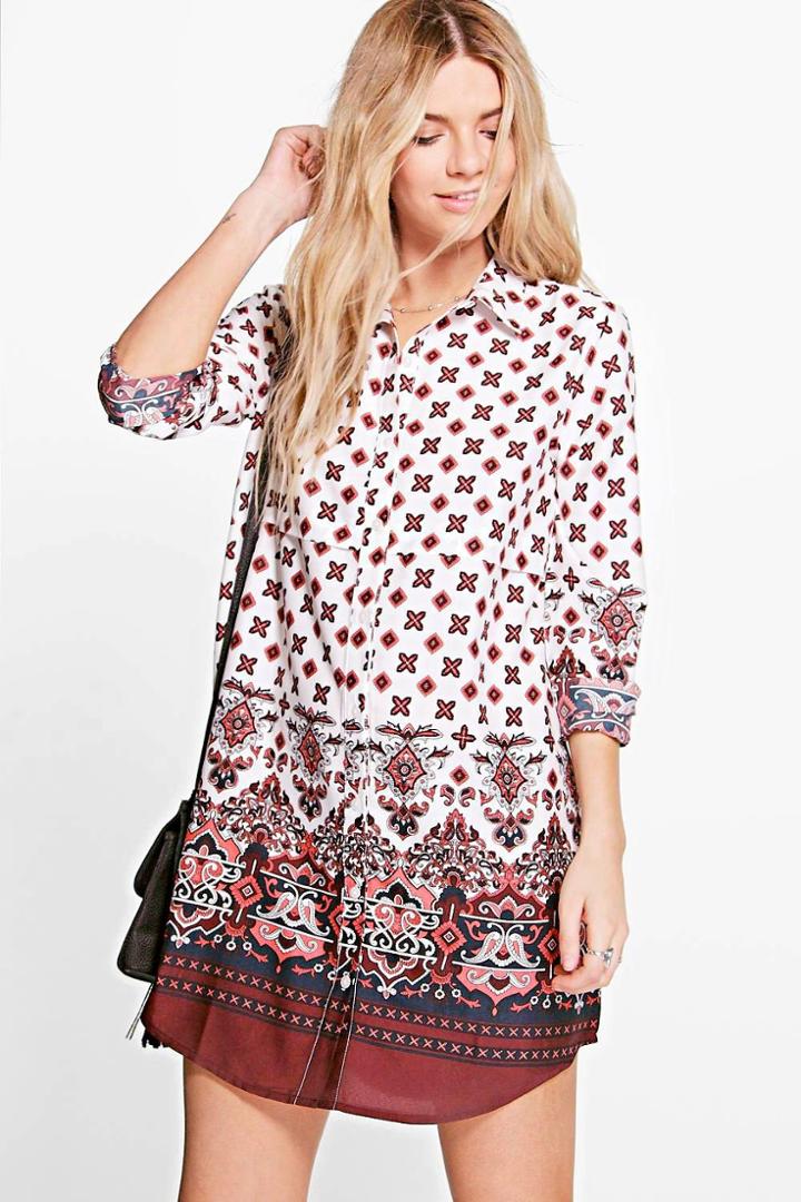 Boohoo Blanca Border Print Shirt Dress Multi