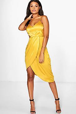 Boohoo Clara Satin Pleated Wrap Detail Midi Dress