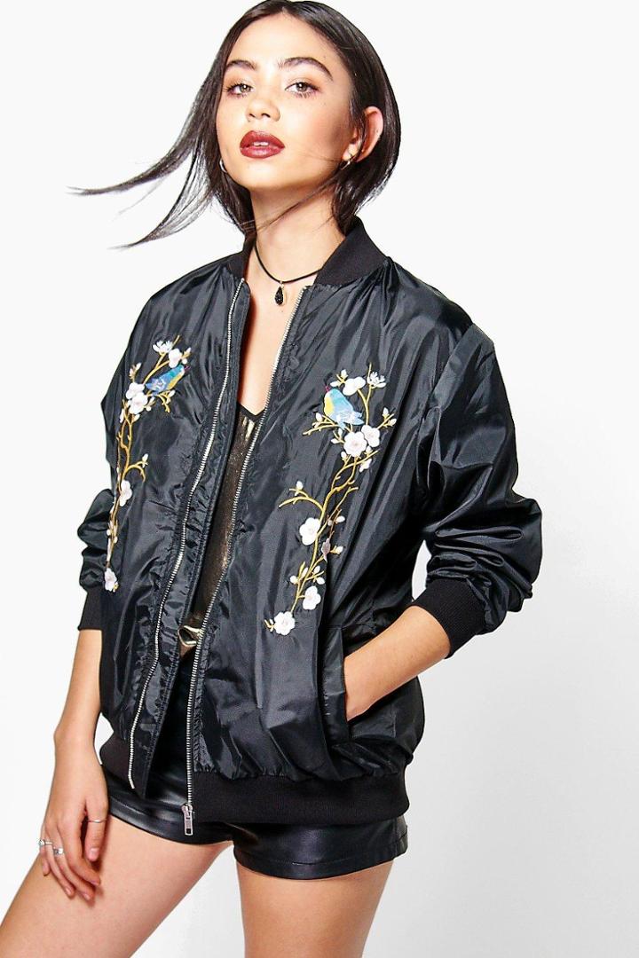 Boohoo Eliza Floral Embroidered Bomber Black