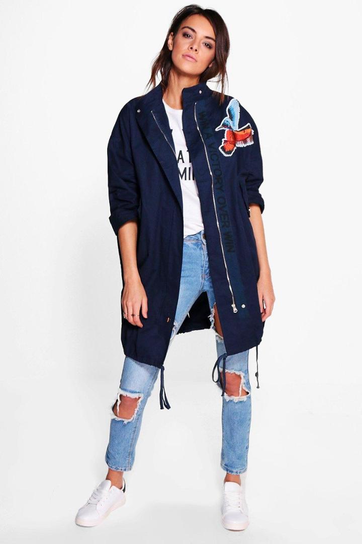 Boohoo Isla Longline Canvas Embroidered Jacket Marine