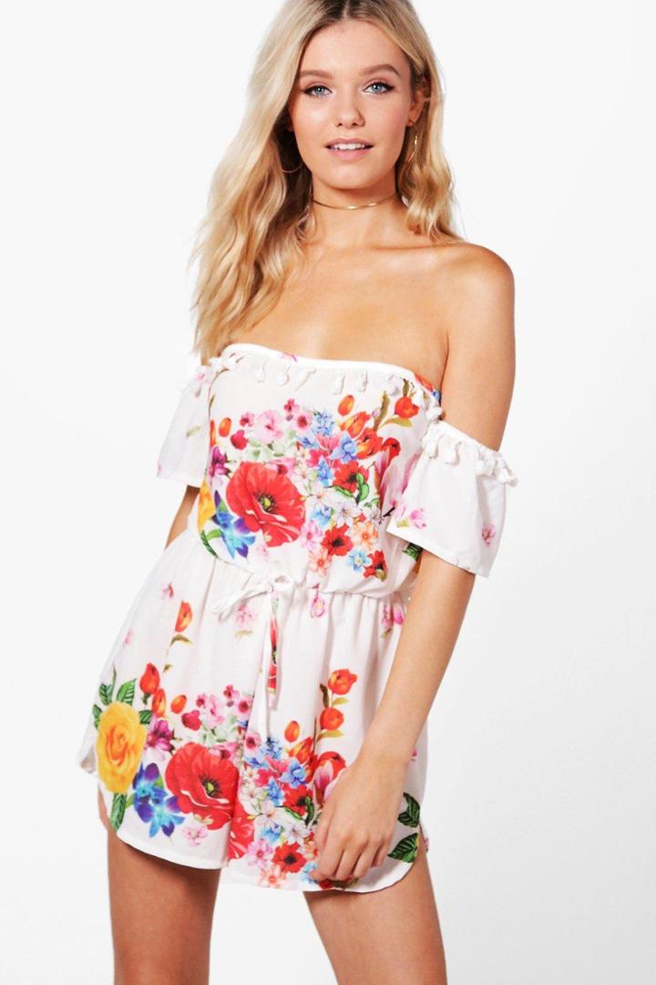 Boohoo Amelia Floral Tassle Trim Off Shoulder Playsuit White