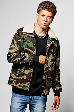 Boohoo Zip Through Camo Harrington Jacket With Borg Collar