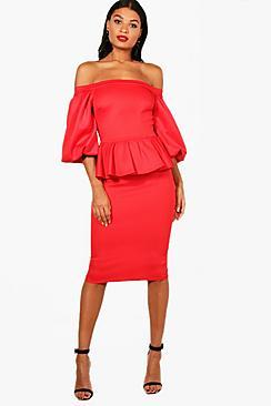 Boohoo Keira Off The Shoulder Puff Sleeve Midi Dress