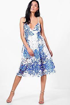Boohoo Boutique Prya Porcelain Print Midi Skater Dress