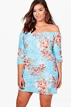 Boohoo Plus Sophie Off The Shoulder Printed Shift