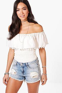 Boohoo Olivia Pom Pom Trim Woven Off The Shoulder Top