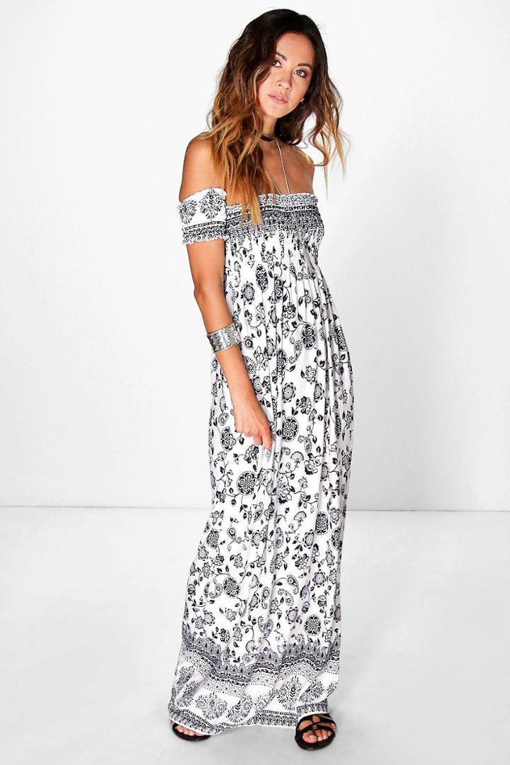 Boohoo Melissa Off The Shoulder Rouched Maxi Dress Blue