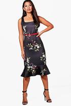 Boohoo Lucy Floral Belted Frill Hem Midi Dress