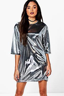 Boohoo Fleur Metallic Long Sleeved Shift Dress