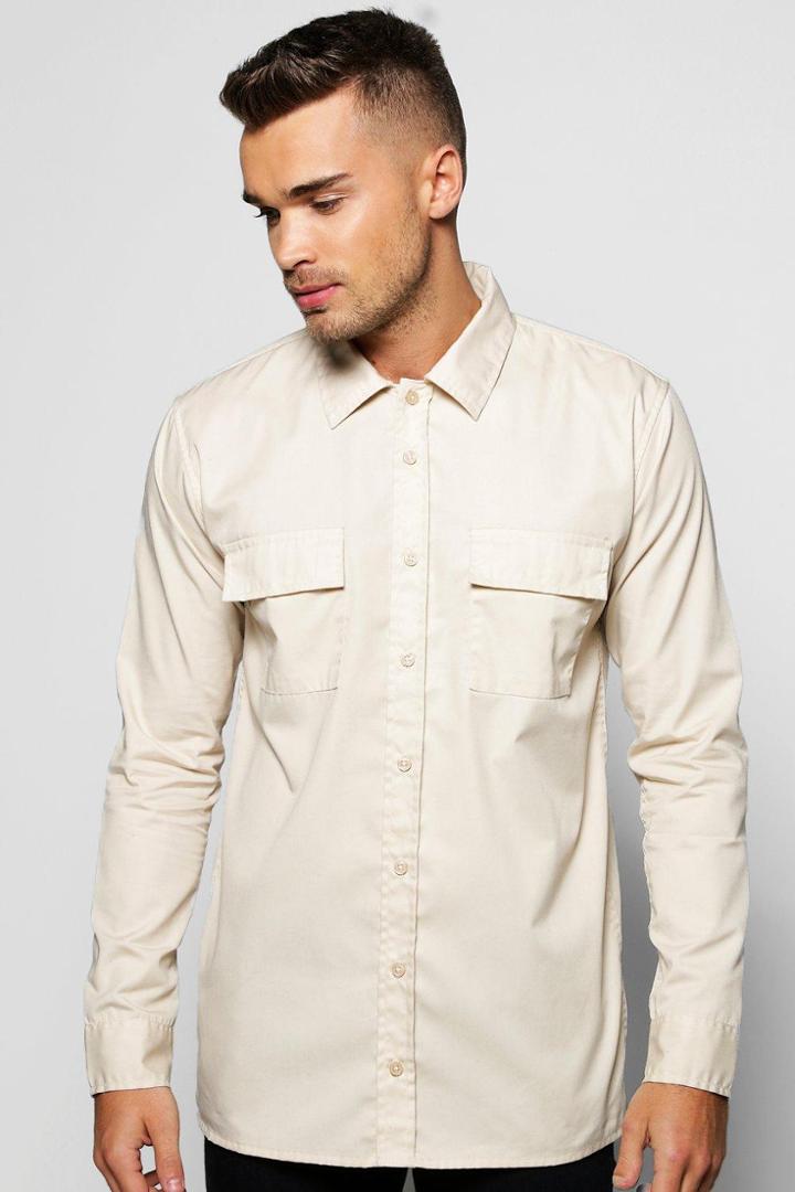 Boohoo Military Pocket Slim Fit Shirt Stone