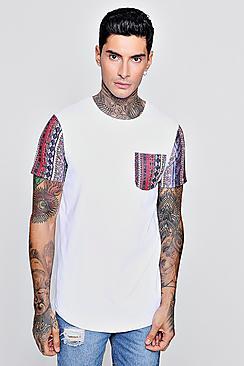 Boohoo Longline Curved Hem Tee With Aztec Pocket & Sleeve