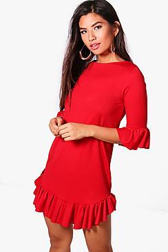 Boohoo Curved Ruffle Hem & Sleeve Shift Dress