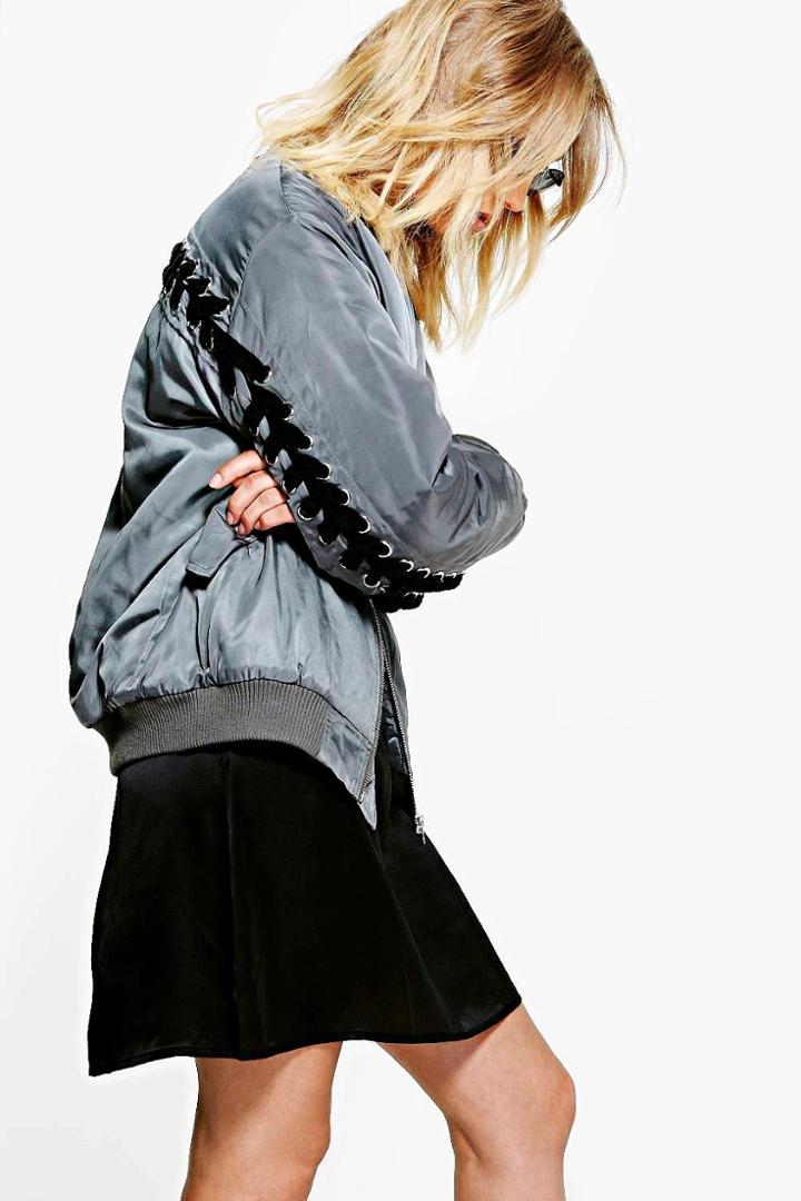 Boohoo Lois Eyelet Lace Up Back Bomber Jacket Charcoal