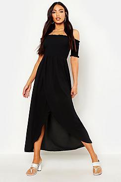 Boohoo Off The Shoulder Shirred Maxi Dress