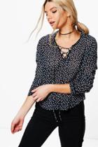 Boohoo Jane Lace Up Printed Blouse Navy