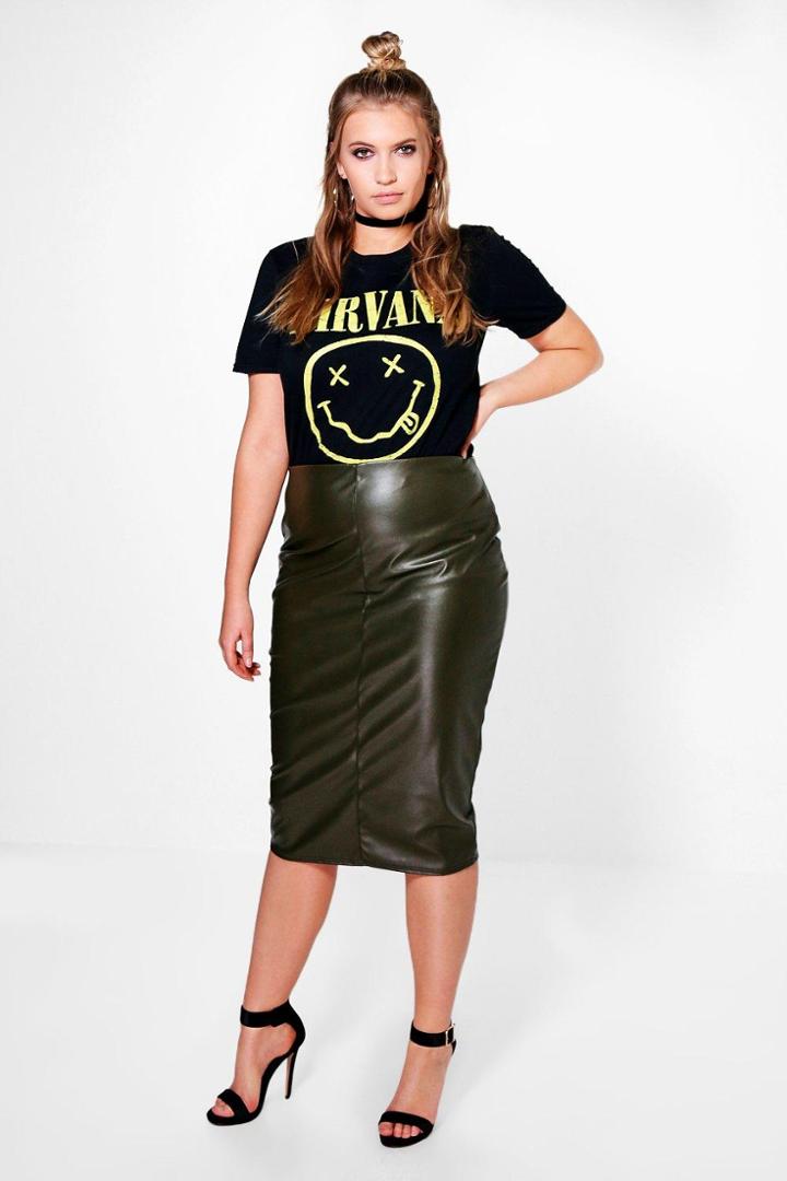 Boohoo Plus Caroline Pu Midi Skirt Khaki