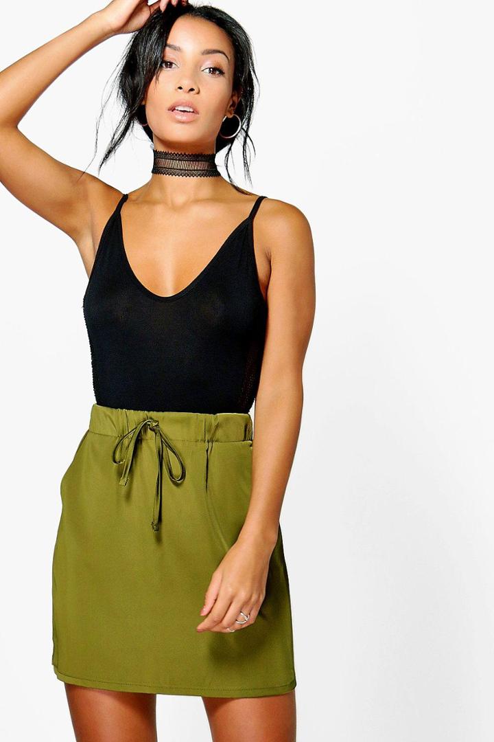 Boohoo Aurora Satin Draw Cord Waist Utility Skirt Khaki