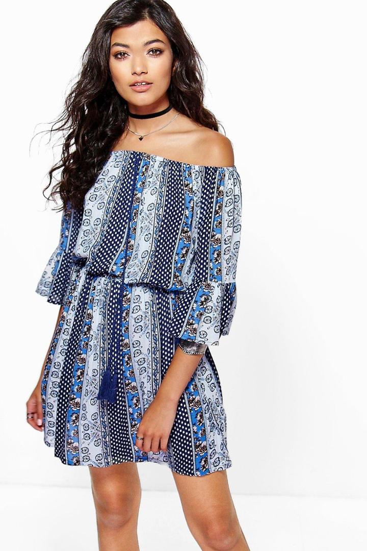 Boohoo Lauren Printed Frill Sleeve Dress Multi