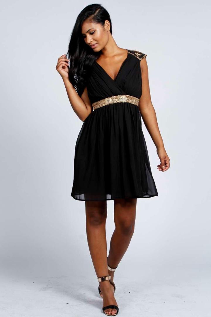 Boohoo Tia Embellished Shoulder And Waist Chiffon Dress Black