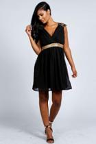 Boohoo Tia Embellished Shoulder And Waist Chiffon Dress Black