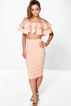 Boohoo Meeka Double Ruffle Crop & Midi Skirt Co-ord Set Apricot