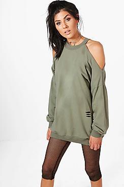 Boohoo Distressed Cold Shoulder Sweatshirt