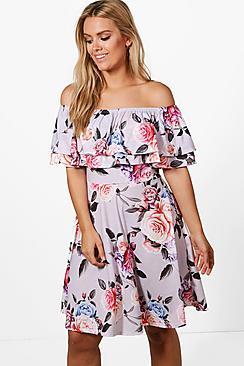 Boohoo Plus Alexia Off The Shoulder Ruffle Skater Dress