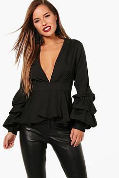 Boohoo Petite Plunge Ruffle Tiered Shirt