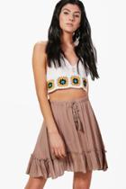 Boohoo Nori Tassle Tie Ruffle Hem Skater Skirt Taupe