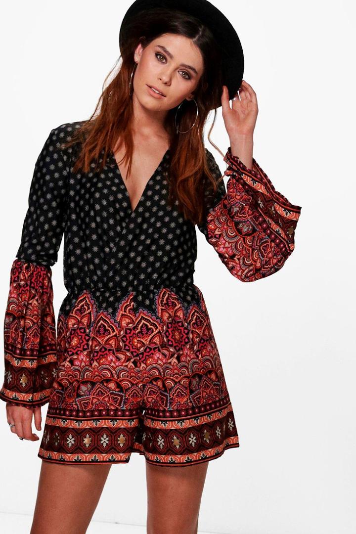 Boohoo Tall Jade Mixed Print Embellished Playsuit Black