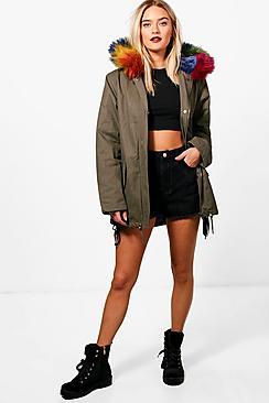 Boohoo Ashley Parka With Rainbow Faux Fur Hood & Lining