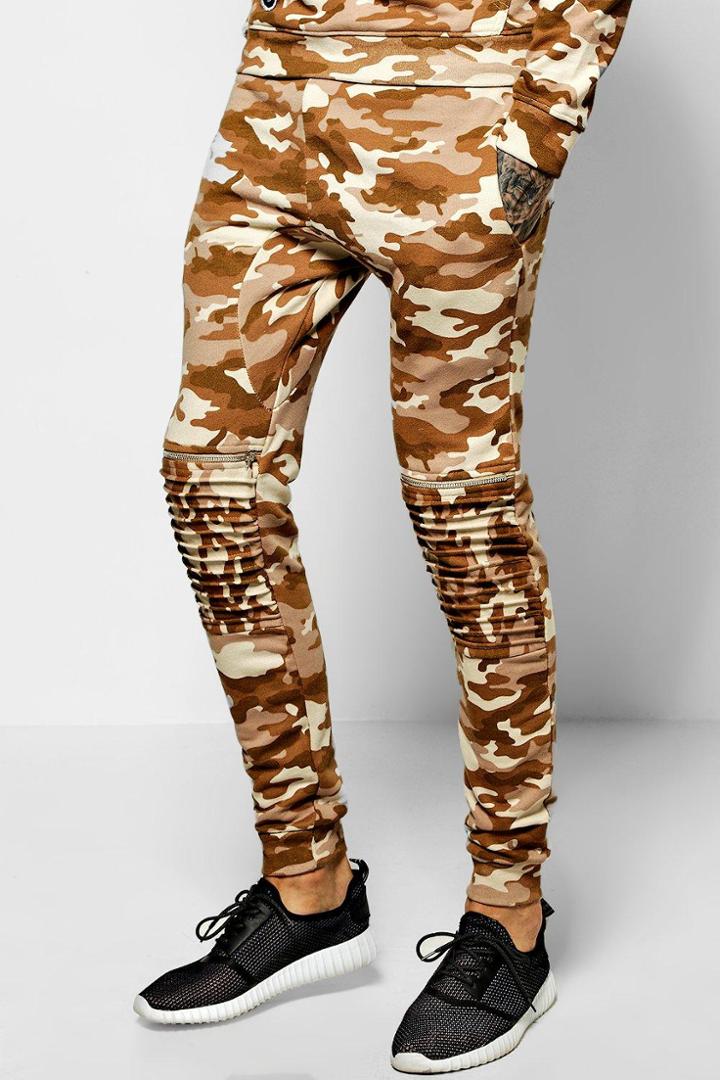 Boohoo Skinny Fit Camo Joggers With Zips Sand