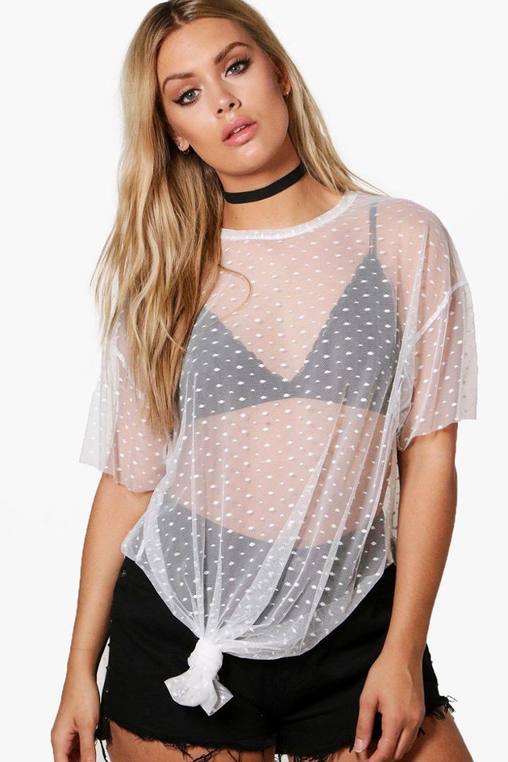 Boohoo Plus Jinny Spot Mesh Knot Hem Tee Ivory