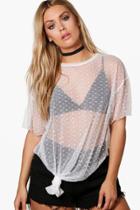 Boohoo Plus Jinny Spot Mesh Knot Hem Tee Ivory