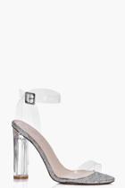 Boohoo Amber Glitter Cylinder Clear Two Part Heels Silver