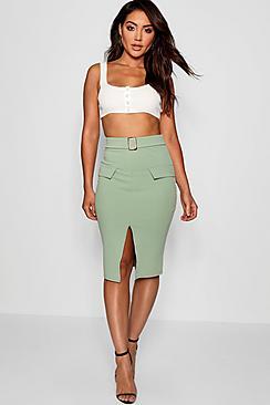 Boohoo Pocket Front Mock Horn Belt Split Midi Skirt