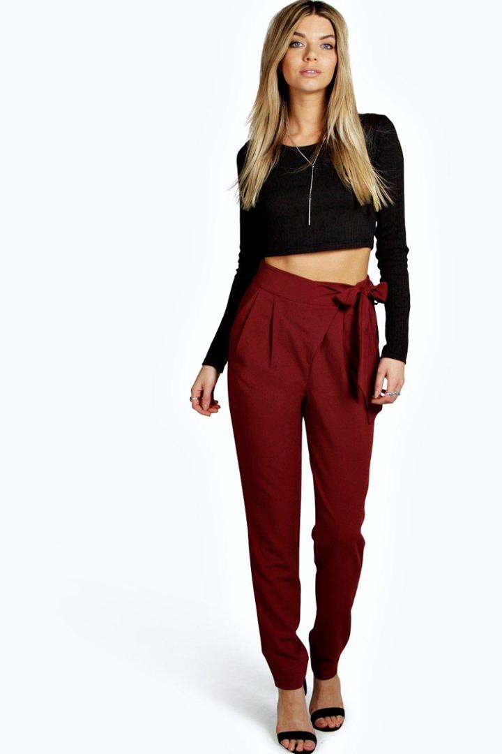 Boohoo Sevilla Wrap Front Tie Waist Tailored Trousers Wine