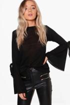 Boohoo Olivia Tie Cuff Wide Sleeve Jumper Black