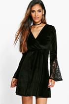 Boohoo Leah Velvet Crochet Sleeve Wrap Skater Dress Black
