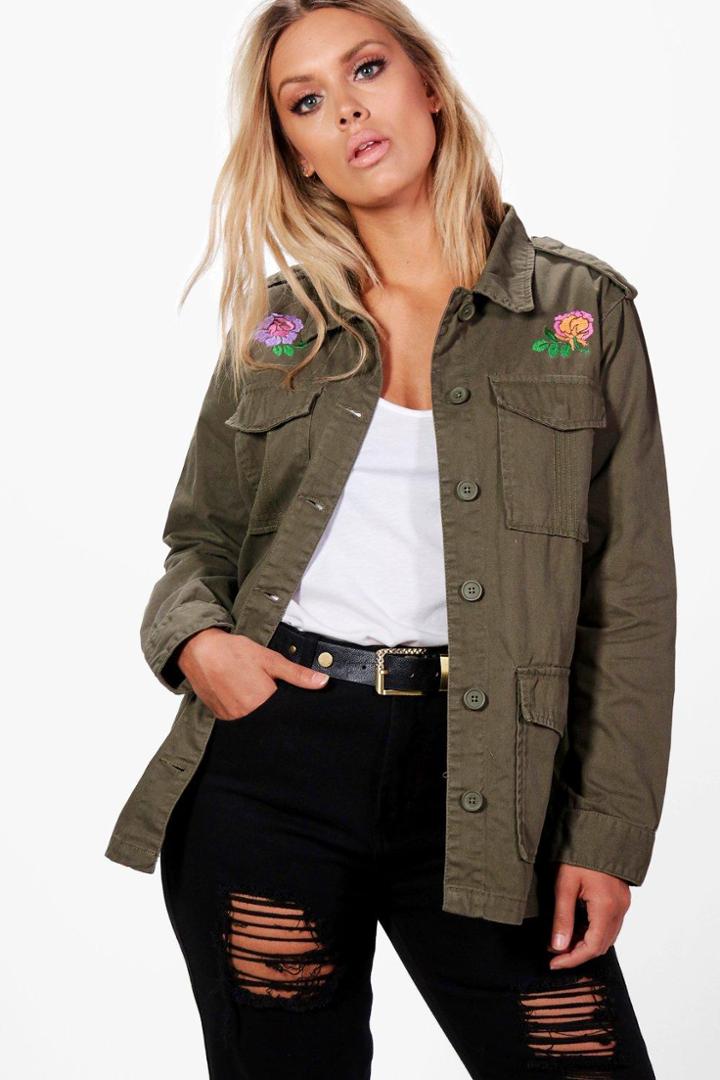 Boohoo Plus Katy Floral Embroidered Twill Jacket Khaki