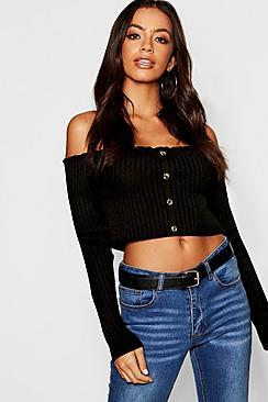 Boohoo Gold Button Front Rib Knit Bardot Crop Top