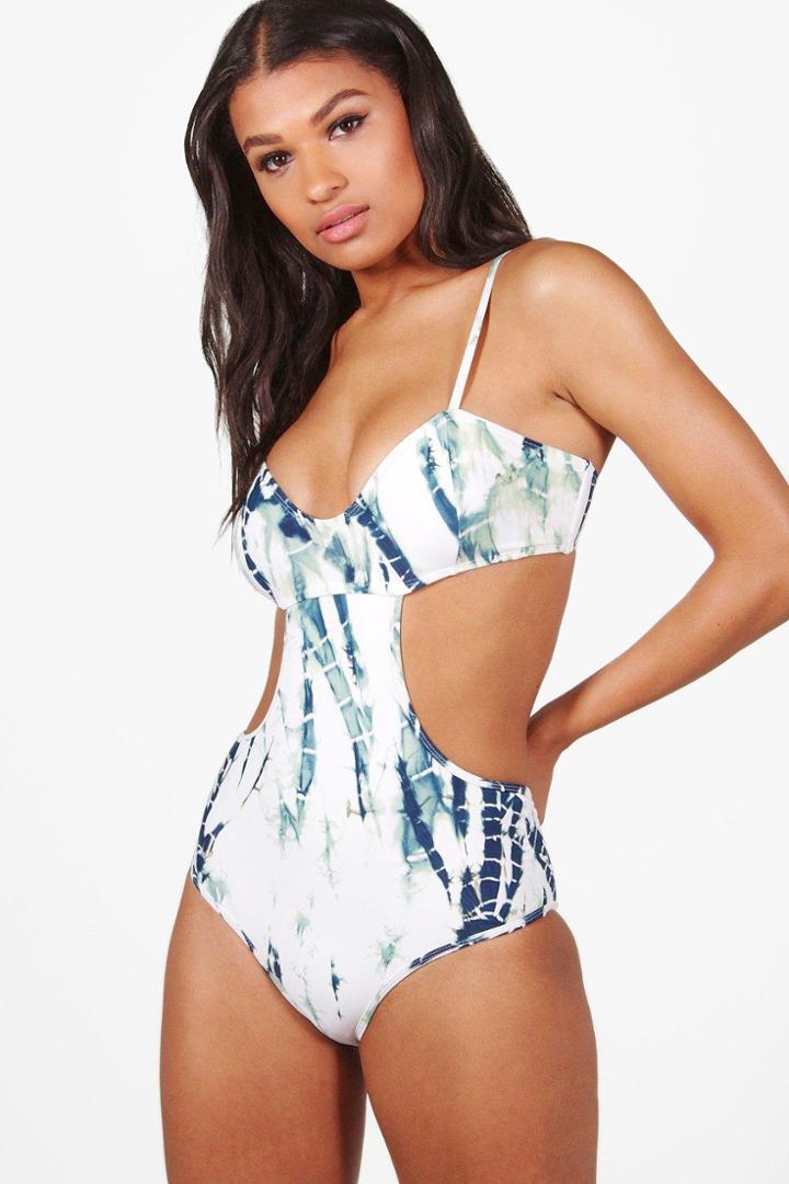 Boohoo Hamptons Marble Cut Out Bathing Suit Blue
