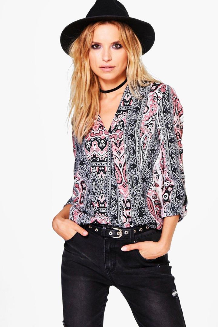 Boohoo Christina Monochrome Paisley Wrap Blouse Multi