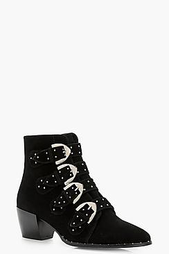 Boohoo Alice Stud & Buckle Trim Western Boot