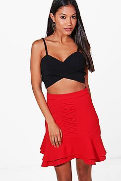 Boohoo Leah Lace Up Front Drop Hem Mini Skirt