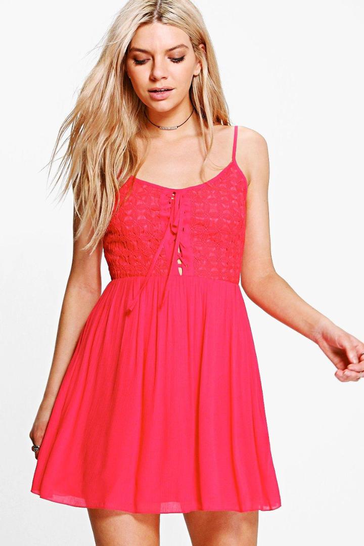 Boohoo Ashton Lace Up Detail Skater Dress Red