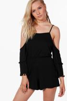 Boohoo Lisa Pom Pom Open Shoulder Playsuit Black