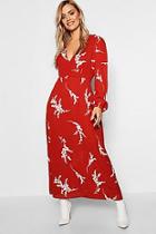 Boohoo Plus Printed Long Sleeve Wrap Midi Dress
