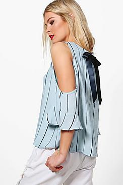 Boohoo Stephanie Striped Tie Back Cold Shoulder Top